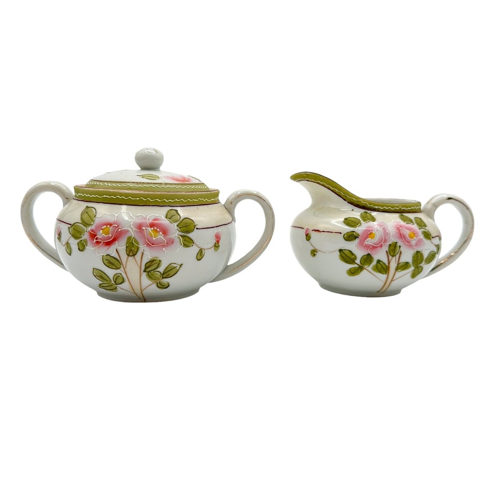 Antique Nippon Hand Painted Cream and Sugar Floral Rose w Moriage Pink Green